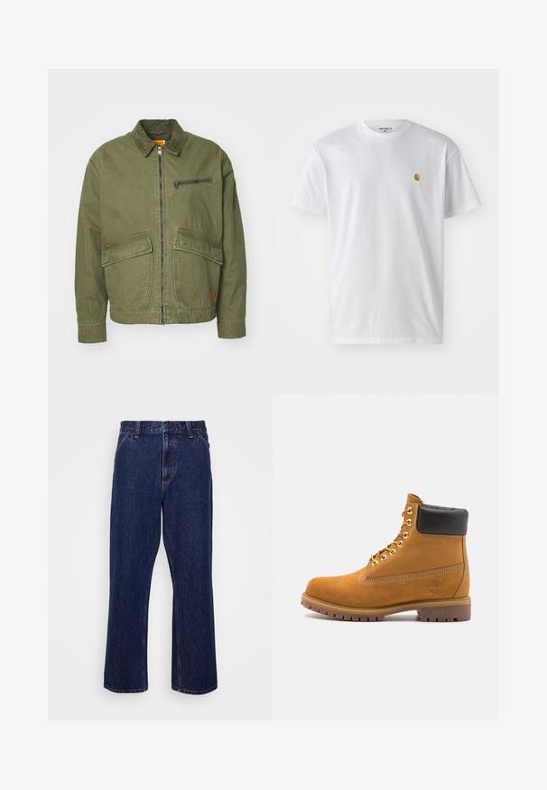 Olive zelena jakna s ovratnikom, sprednjim zadrgo, dvema velikima žepoma in majhnim žepom z zadrgo na prsih.; Bela bombažna majica s kratkimi rokavi, krožnim ovratnikom, z majhnim zlatim logotipom na levem prsnem predelu. Mehka tekstura in običajen kroj.; Temno modri jeans iz denima s ravno nogavico, z gumbnim zapiranjem, petimi žepi in subtilnimi šivi.; Svetlo rjave anklne čizme iz semiša z črnim oblazinjenim ovratnikom, zlatimi kovinskimi očesci, belimi šivi in robustnim gumijastim podplatom s izrazitimi tredi.