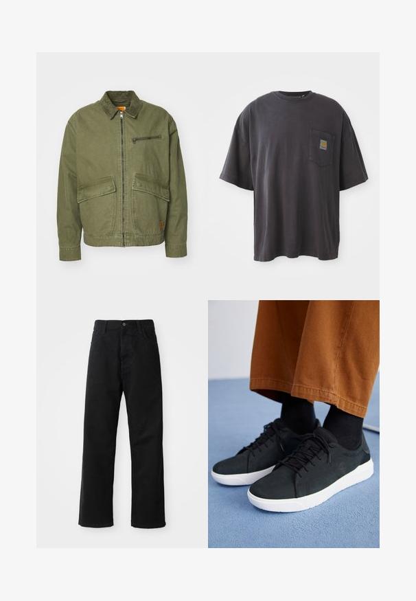 Olive green jacket with a collared neck, front zipper, two large patch pockets, and a small zippered pocket on the chest.; Black cotton t-shirt with short sleeves, a round neckline, and a left chest pocket featuring a square logo patch. Simple and unembellished design.; Black denim pants with a straight cut, featuring front pockets, a zip fly, and a single top button. Textured fabric with a matte finish.; Black suede sneakers with white rubber soles, featuring lace-up design, textured accents, and subtle branding, paired with brown pants.