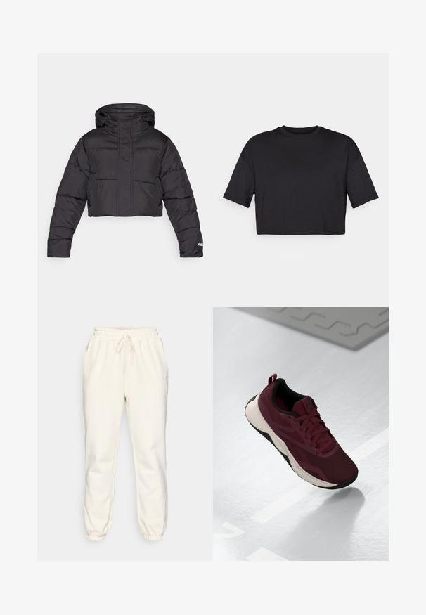 Cropped black puffer jacket with a hood, featuring quilted design, elastic cuffs, and subtle logo detail on the sleeve.; Black cropped t-shirt made of soft fabric, featuring a round neckline and short, wide sleeves, with a simple, seamless design.; Cream-colored sweatpants made of soft fabric, featuring an elastic waistband with drawstring, side pockets, and tapered cuffs at the ankles.; Maroon athletic shoe with mesh upper, black accents, and a cushioned white sole. Features lace-up closure and pull tab at the heel.