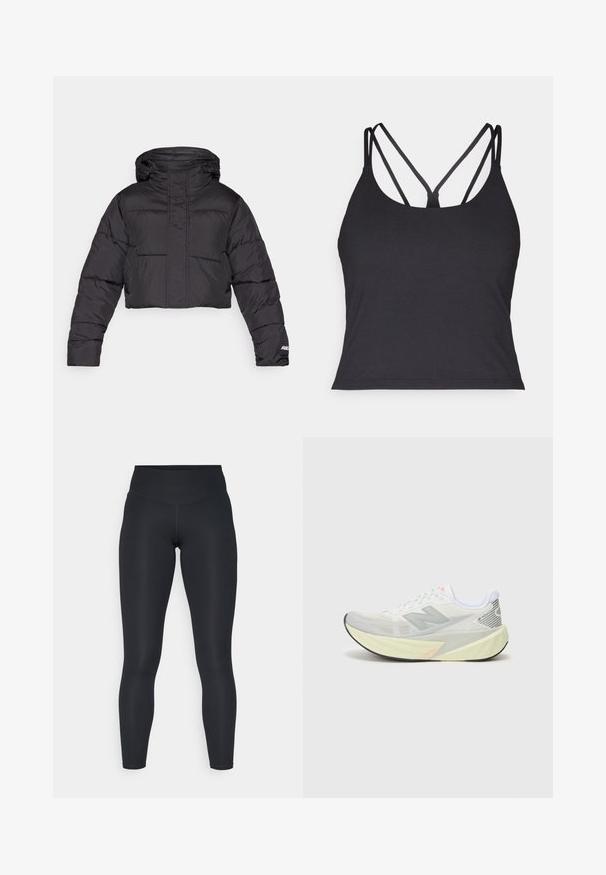 Afskåret sort pufferjakke med hætte, der har quiltet design, elastiske manchetter og diskret logo-detail på ærmet.; Sort top med tynde stropper og krydset design på ryggen. Lavet af blødt, strækbart materiale med en tætsiddende silhuet.; Sorte leggings lavet af strækbart stof, med en høj talje, glat tekstur og en kropsnær pasform. Ingen synlige mønstre eller hardware.; Letvægts løbesko med en grå og hvid mesh-overdel, et fremtrædende 'N' logo og en gul mellemsål med skrå detaljer. Sort ydersål.