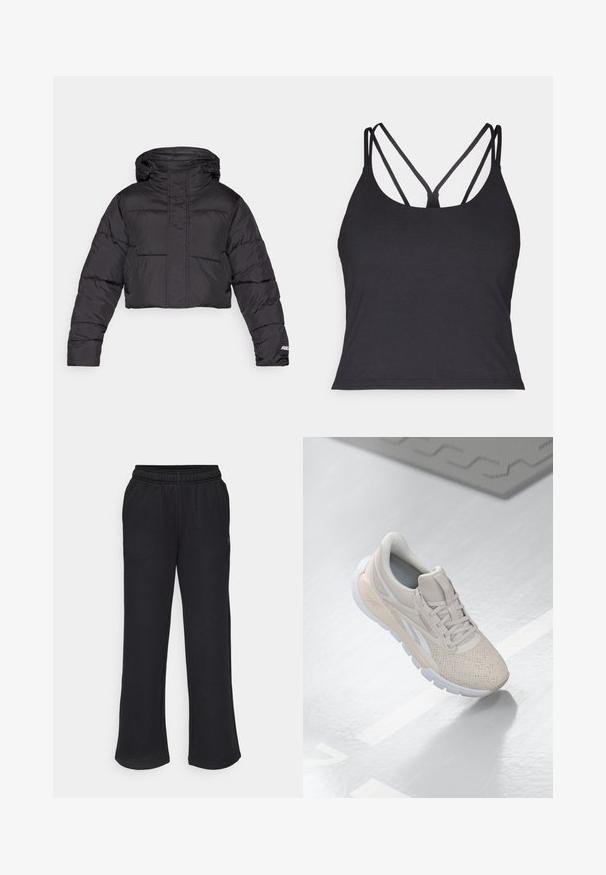 Afskåret sort pufferjakke med hætte, der har quiltet design, elastiske manchetter og diskret logo-detail på ærmet.; Sort top med tynde stropper og krydset design på ryggen. Lavet af blødt, strækbart materiale med en tætsiddende silhuet.; Sorte sweatpants med en flagrende pasform, elastisk talje og sidelommer. Lavet af blødt stof uden synlige mønstre eller accenter.; Lys beige atletisk sko med en perforeret overdel, teksturerede detaljer, polstret krave og hvid gummisål, designet til komfort og åndbarhed.