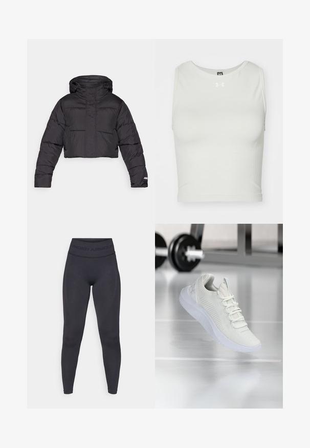 Afskåret sort pufferjakke med hætte, der har quiltet design, elastiske manchetter og diskret logo-detail på ærmet.; Hvid cropped træningstop lavet af glat, strækbart stof med rund halsudskæring og uden ærmer; har et lille logo i midten foran.; Sorte tights med en høj elastisk talje, der har teksten "UNDER ARMOUR". Glat tekstur med subtile mønsterindslag langs benene.; Hvide atletiske sneakers med et tekstureret mesh-overdel og snøresystem, med en polstret hvid sål og subtile ribbede detaljer.