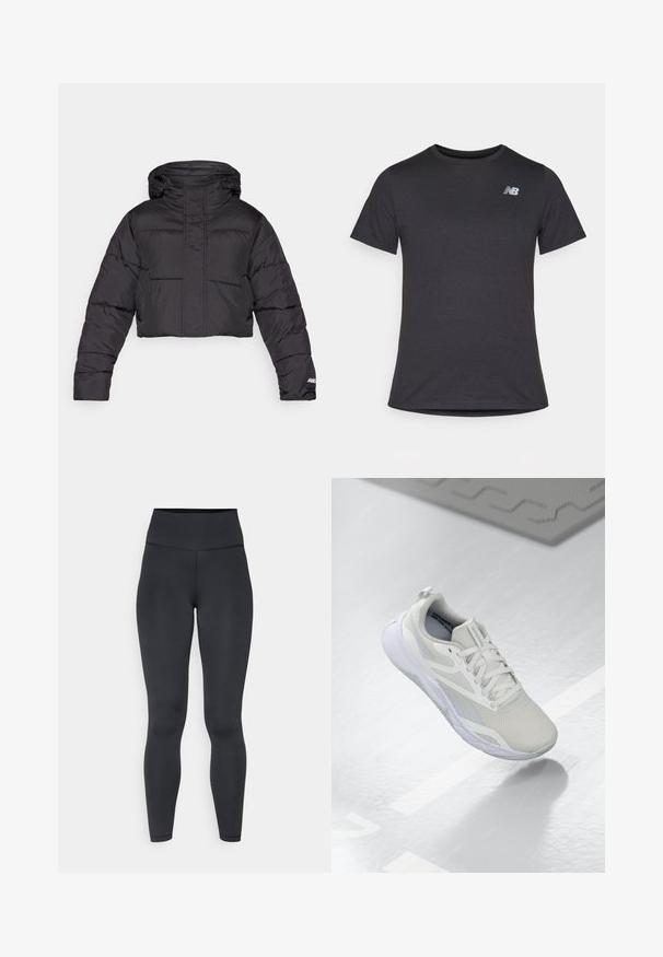 Chaqueta acolchada negra recortada con capucha, que presenta un diseño acolchado, puños elásticos y un discreto detalle del logo en la manga.; Camiseta negra de manga corta hecha de una tela suave, con un pequeño logotipo gris de New Balance en la parte superior izquierda del pecho, diseño clásico de cuello redondo.; Leggings negros de talle alto, fabricados en material elástico, con una textura suave y un diseño ceñido, con detalles de costura mínimos.; Zapatilla deportiva blanca con parte superior de malla, lengüeta acolchada y suela de goma blanca. Los detalles notables incluyen acentos en gris claro y una lengüeta para tirar.