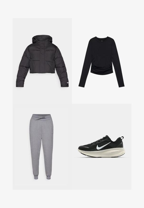Lyhyt musta untuvatakki huppulla, joka sisältää tikatun muotoilun, elastiset hihansuut ja huomaamattoman logon yksityiskohdan hihassa.; Musta pitkähihainen toppi pyöreällä pääntiellä ja sivuilla rypytetyillä yksityiskohdilla, esiteltynä yksinkertaisella valkoisella taustalla.; Harmaat tapered-collegehousut, joissa on kiristysnaruvyötärö, resorit lahkeissa ja huomaamaton Nike-logo vasemmassa reisessä. Pehmeä, tekstuuriainen kangas.; Mustat Nike-juoksukengät, joissa on hengittävä verkko-osa, valkoinen swoosh-logo, teksturoitu yksityiskohtaus ja kermaisen värinen ZoomX-välipohja.