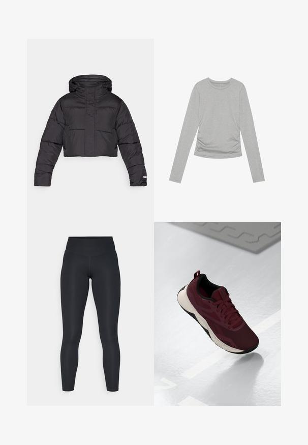 Zastrihnutá čierna páperová bunda s kapucňou, s prešívaným dizajnom, elastickými manžetami a nenápadným logom na rukáve.; Sivá dlhá rukávová košeľa vyrobená z jemného materiálu, s jednoduchým okrúhlym výstrihom a zbieraným detailom po stranách.; Čierne legíny vyrobené z elastickej tkaniny, s vysokým pásom, hladkou textúrou a prispôsobivým strihom. Žiadne viditeľné vzory ani kovové prvky.; Bordová športová obuv s textilným vrchom, čiernymi akcentmi a polstrovanou bielou podrážkou. Obsahuje šnúrku na zaviazanie a pútko na päte.