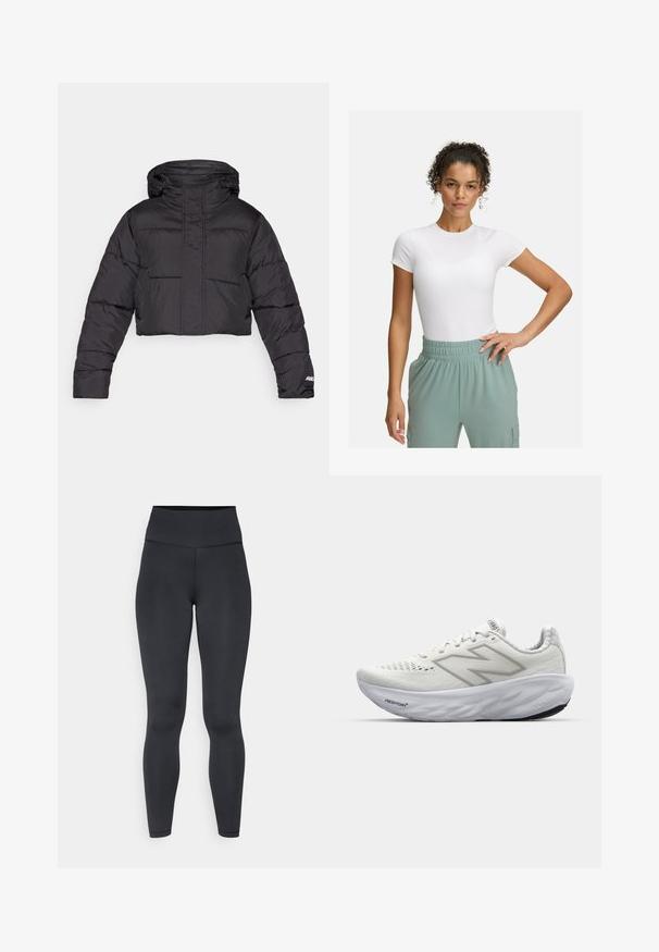 Korte zwarte pufferjack met een capuchon, voorzien van een doorgestikt ontwerp, elastische manchetten en een subtiele logodetail op de mouw.; Witte fitted t-shirt met korte mouwen, gecombineerd met lichtgroene broek met elastische tailleband. Gladde textuur, minimalistisch ontwerp en geen zichtbare patronen.; Hogstwaist zwarte leggings gemaakt van rekbaar materiaal, met een gladde textuur en een nauwsluitend ontwerp, met minimale stikdetails.; Witte sportschoenen met een bovenwerk van mesh, voorzien van een gevoerde kraag, een gestructureerde zool en de merknaam "Fresh Foam" op de tussenzool.