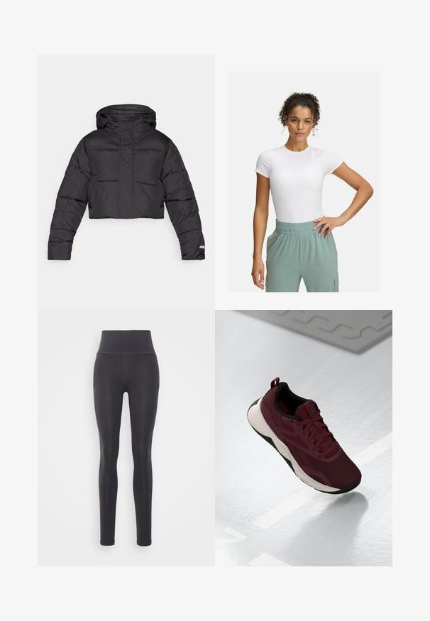 Afskåret sort pufferjakke med hætte, der har quiltet design, elastiske manchetter og diskret logo-detail på ærmet.; Hvid tætsiddende t-shirt med korte ærmer, parret med lys grønne bukser med elastisk talje. Glat tekstur, minimalistisk design og ingen synlige mønstre.; Svarte leggings lavet af strækbart stof med høj talje, med sidelommer og flade sømme for en glat finish.; Bordeaux atletiske sko med mesh-overdel, sorte accents og en polstret hvid sål. Har snørebåndslukning og en løkke ved hælen.