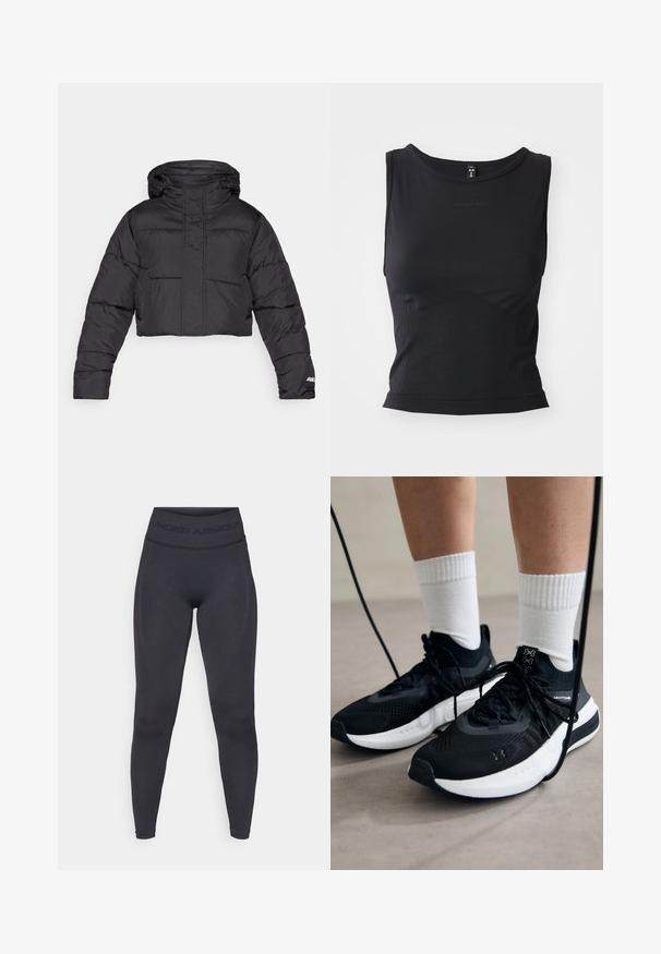 Afskåret sort pufferjakke med hætte, der har quiltet design, elastiske manchetter og diskret logo-detail på ærmet.; Sort ærmeløs træningstop lavet af glat stof, med en rund halsudskæring og en tætsiddende silhuet med diskret logo-detalje.; Sorte tights med en høj elastisk talje, der har teksten "UNDER ARMOUR". Glat tekstur med subtile mønsterindslag langs benene.; Sorte sportssko med tekstureret stof, hvid sål og sorte snørebånd. Båret med hvide ribbede sokker, stående på en lys overflade.