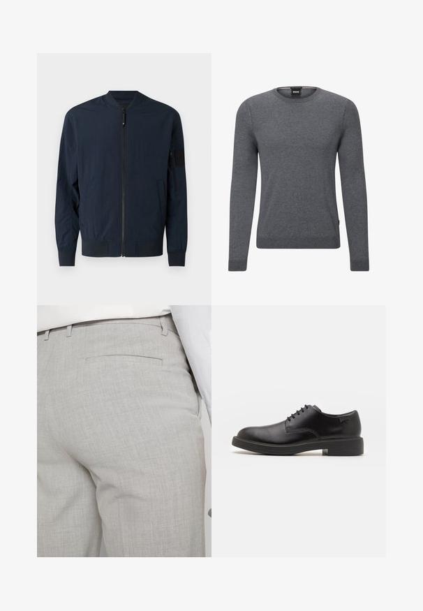 Tengerészkék bomberdzseki, elülső cipzárral, bordázott mandzsettákkal és hemperggel, oldalsó zsebekkel és egy textúrált folttal az ujjon. Puha anyagú kivitel.; Szürke, kerek nyakú pulóver puha kötött anyagból. Hosszú ujjakkal rendelkezik, bordás mandzsettákkal és aljjal, valamint egy kis logó címkével az oldalon.; Világosszürke, texturált anyagból készült szabott nadrág, egyetlen hátsó zsebbel és tiszta varrással.; Fekete bőrcipő, kerek orrú, sima felületű, minimális varrással és alacsony gumitalppal. Logó a sarokrészen.