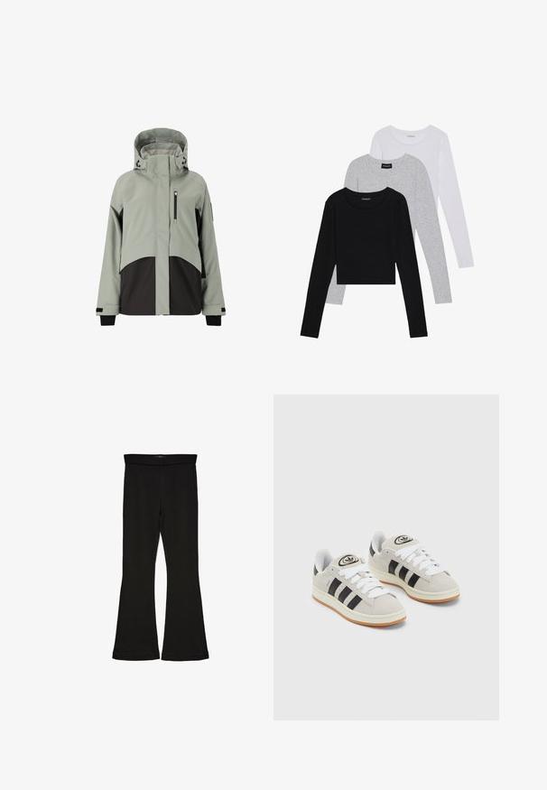 Ljusgrå och svart vattentät jacka med huva, ficka med dragkedja på bröstet, justerbara ärmslut och kontrasterande paneldesign. Slät yta.; Tre långärmade tröjor staplade: svart, grå och vit. Var och en har en rund halsringning och en kort design med mjukt, lätt material.; Svarta flare leggings tillverkade av elastisk tyg. Har en bred midja och en slät yta, med en åtsittande silhuett som flares vid fållen.; Grå mocka sneakers med vita snören, svarta ränder och en vit gummisula. Har en rund logo på tungan och en gummisula.