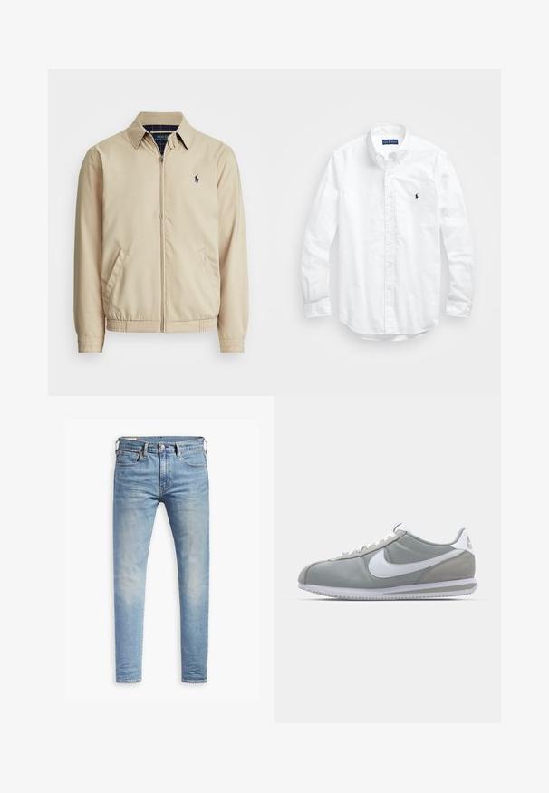 Casaco zip-up de bege claro com gola, bolsos laterais, cintura elástica e um pequeno logotipo azul-marinho no peito. Textura suave.; Camisa de botões de manga longa branca em algodão. Apresenta um colarinho clássico, punhos com botão e um pequeno logótipo bordado em azul-marinho no peito.; Jeans slim fit em azul claro com leve desbotamento nas coxas, fecho frontal por botão, passantes para cinto e estilo de cinco bolsos sobre um fundo branco.; Sapatilha atlética cinza com um cabedal em camurça e têxtil, símbolo Nike branco e atacadores brancos. Apresenta uma sola de borracha texturizada e colarinho acolchoado.