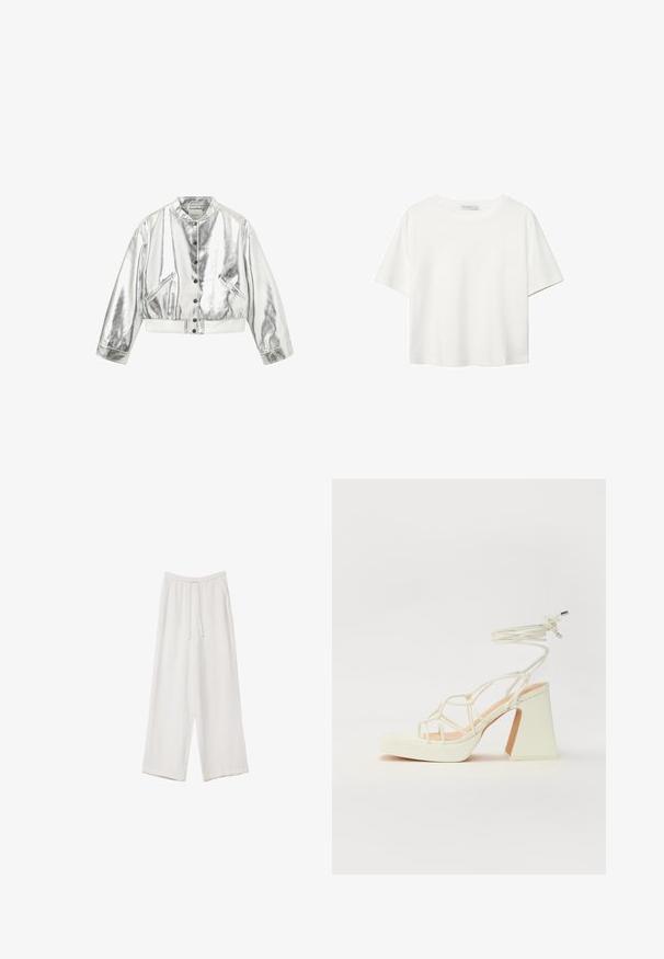 Sofie Schnoor ILVIASW - Giubbotto Bomber - silver; T-shirt bianco a maniche corte realizzato in cotone. Presenta un collo tondo e una vestibilità rilassata. Texture liscia senza motivi o dettagli visibili.; Pantaloni a gamba larga bianchi realizzati in un tessuto leggero. Presentano una vita elastica con cordoncino e tasche laterali. Texture liscia.; Sandalo bianco con tacco alto, caratterizzato da un design a cinturini e un legaccio alla caviglia. Texture liscia con una piattaforma frontale per un'altezza aggiuntiva.