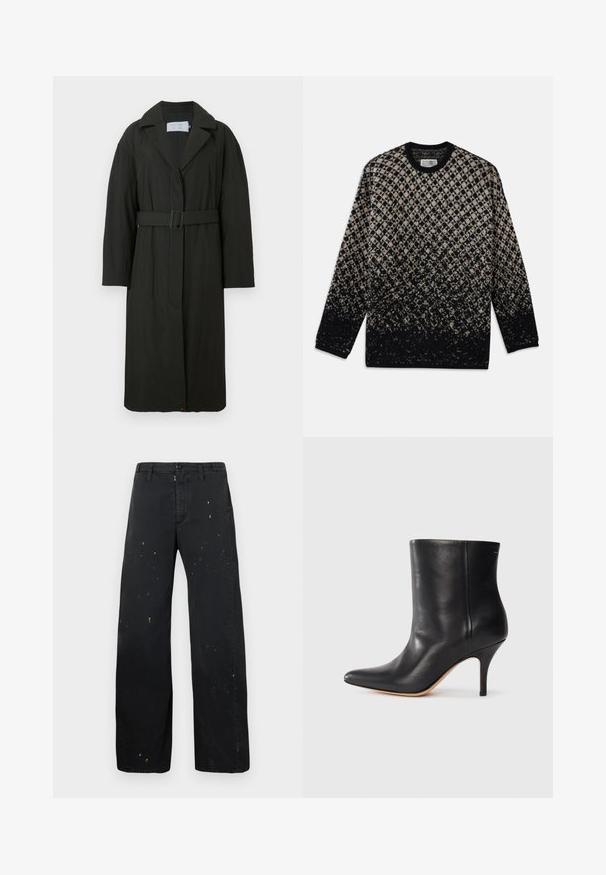 Juodas tranšėjos paltas su diržu juosmens srityje, plačiais atlapais ir ilgomis rankovėmis. Pagamintas iš tekstūruotos medžiagos, tiesaus kirpimo ir minimalistinio dizaino.; Megztinis su deimanto raštu smėlinės ir juodos spalvos, su laipsnišku spalvų perėjimu. Apvalia iškirpte ir ilgomis rankovėmis. Minkšta tekstūra.; MM6 Maison Margiela PANTS - Laisvo kirpimo džinsai - black; Juodos odinės kulkšninių botų su smailiu nosiu, siauru stiletto kulnu ir lygia tekstūra. Minimalistinis dizainas, be matomų aparatūros ar akcentų.