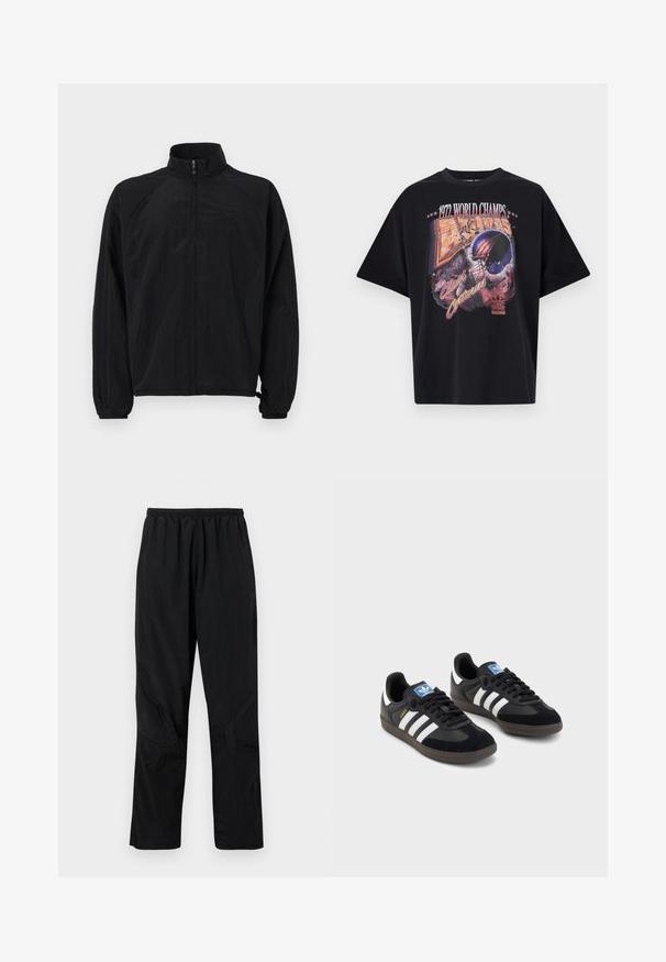 Jacket leve de cor preta com fecho éclair completo, gola alta, punhos elásticos e painéis laterais, apresentando um tecido texturizado e um design desportivo.; T-shirt de algodão preta com uma impressão gráfica com "1972 WORLD CHAMPS," um design de capacete, e "The Clash of Centuries," em cores vibrantes.; Pantalones negros de nylon com um cós elástico, apresentando um acabamento leve e texturizado e detalhes em costura para um design moderno.; Sneakers pretos com parte superior em camurça e sintético, apresentando três riscas brancas, sola de borracha texturizada e etiqueta azul no linguete.