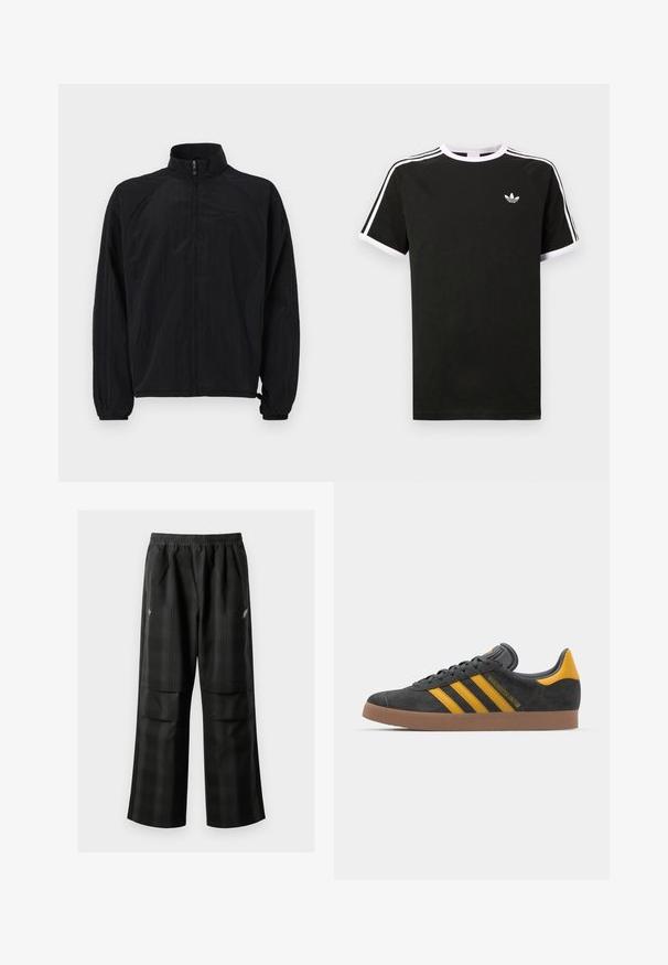 Melna viegla jaka ar pilnu rāvējslēdzēju, stāvu apkakli, elastīgām piedurknēm un sānu paneļiem, ar teksturētu audumu un sportisku dizainu.; Melna kokvilnas T-kreklu ar baltajiem akcentiem. Iezīmes īsas piedurknes, raglanu dizains un mazs logo uz krūšu. Trīs baltas svītras uz pleciem.; Melnas kvadrātveida bikses ar elastīgu jostu, divām priekšējām kabatām un brīvu piegriezumu ar taisnām kājām. Izgatavotas no viegla materiāla.; Melnas zamšādas kedas ar dzelteniem akcentiem, kurām ir trīs svītras un brūna gumijas zole. Iekļauta mīksta valkāšanas tongue komfortam.