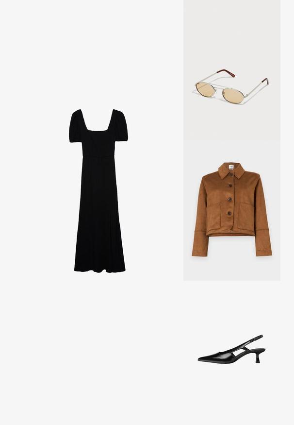 Abercrombie & Fitch Vegan Suede Button-Through Jacket - Ľahká bunda - tannin; Čierna maxi šaty so štvorcovým výstrihom, krátkymi puff rukávmi a jemnou, splývavou tkaninou. Obsahujú bočný rozparok pre pohodlný pohyb.; Čierne lakované kožené lodičky na podpätku s špicatou špičkou, výrezovým dizajnom na boku a malým štvorcovým podpätkom. Hladký povrch s minimálnymi akcentmi.; Kovové slnečné okuliare s oválnymi, svetlohnedými tónovanými sklami. Úzky strieborný rám so štruktúrovanými akcentmi a červenohnedými koncami na ramenách.