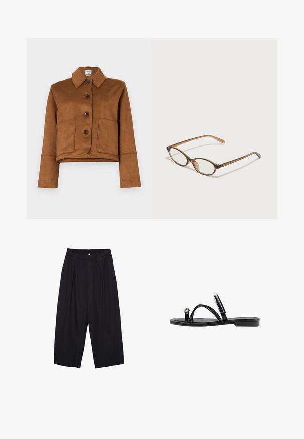 Abercrombie & Fitch Vegan Suede Button-Through Jacket - Light jacket - tannin; Black sleeveless crop top made of smooth fabric, featuring a round neck and a clean, simple design without patterns or hardware.; Black polyester culotte pants with an elastic waistband, two front pleats, and a loose silhouette. No visible patterns or hardware details.; Black flat sandals featuring a glossy finish, three thin straps, and a circular hardware detail at the toe. Sleek design with a minimal heel.; Brown tortoiseshell glasses with oval lenses, thin arms, and transparent accents. Features a subtle logo on the temple. Sleek, lightweight design.