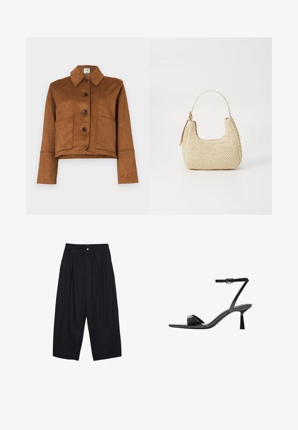 Abercrombie & Fitch Vegan Suede Button-Through Jacket - Mezisezónní bunda - tannin; Černý top na ramínka vyrobený z bavlny, s kulatým výstřihem a širokými průramky. Hladká textura s prošitými lemy. Klasický, minimalistický design.; Černé polyesterové culotte kalhoty s elastickým pasem, dvěma předními sklady a volným siluetou. Žádné viditelné vzory ani kovové detaily.; Bershka Sandály na vysokém podpatku - black; Tkaná slámová kabelka v béžové barvě s zakřiveným tvarem, krátkým držadlem a bočním zipem. Vyznačuje se texturovaným povrchem a minimalistickým designem.