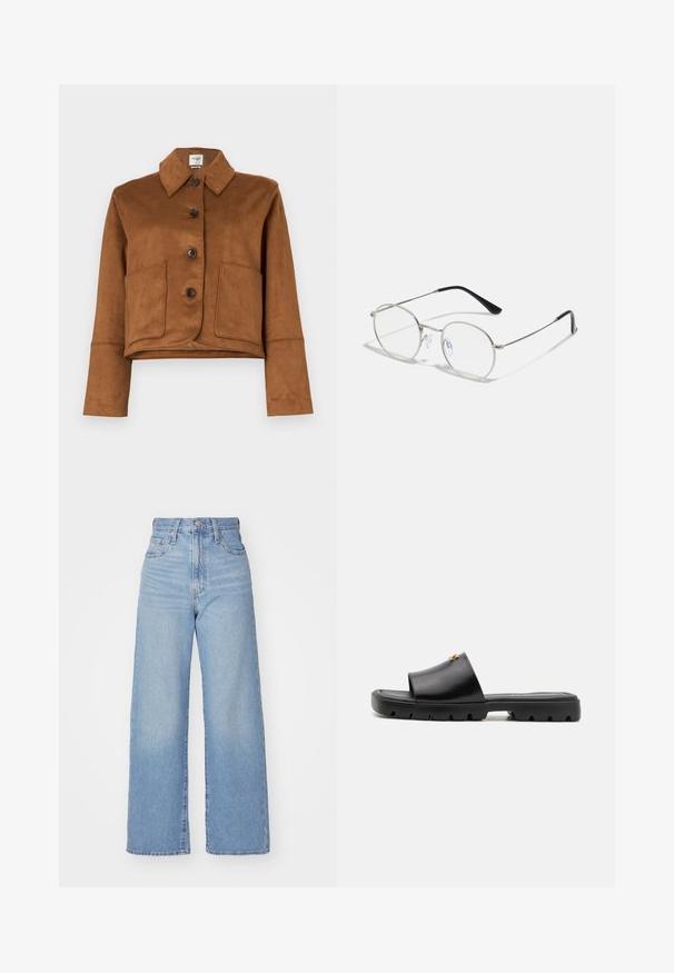 Abercrombie & Fitch Vegan Suede Button-Through Jacket - Giacca da mezza stagione - tannin; T-shirt bianca a maniche corte realizzata in cotone morbido, con colletto rotondo e maniche raglan, caratterizzata da un taglio rilassato e dritto senza motivi.; Jeans a vita alta blu chiaro con gamba larga, chiusura frontale con bottone e zip, tasche anteriori e posteriori, su uno sfondo bianco.; Mule nere con una tomaia in pelle liscia e opaca e una suola in gomma spessa e testurizzata. Accento in oro notevole sulla tomaia. Design semplice e aperto.; Occhiali da vista rotondi in metallo con una sottile montatura argentata, lenti trasparenti e templi neri con punte in gomma per il comfort. Design minimalista.