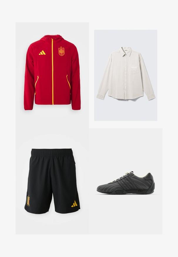 Rød jakke med hette, gule detaljer og glidelås. Har et Spania-merke på brystet og to sidelommer. Glatt, lett materiale.; Beige langermet skjorte med knappestolpe, krage og brystlomme, prydet med subtil brodering av "ATHLETIX DEPT".; Svarte treningsshorts laget av lett materiale, med et gult belgisk flagg-emblem og et gult Adidas-logo på siden.; adidas Originals ADIRACER UNISEX - Joggesko - core black/cream white