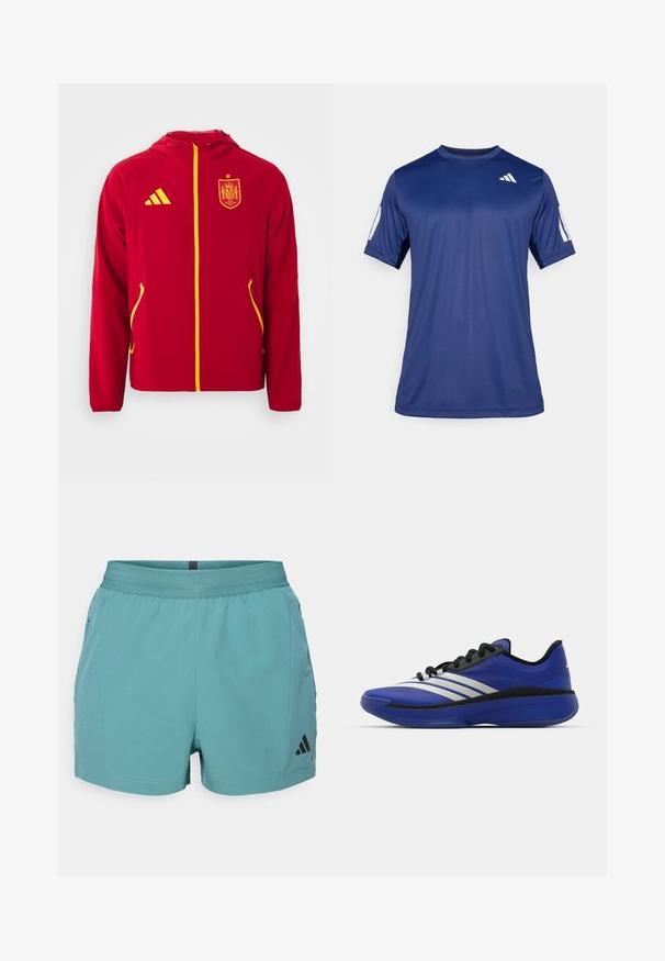 Piros kabát kapucnival, sárga részletekkel és cipzárral. A mellkasán Spanyolország címere található, valamint két oldalsó zseb. Sima, könnyű anyagú.; Tengerészkék, rövid ujjú, sportos póló sima anyagból, kerek nyakkivágással, a bal felső mellrészen fehér logó részlettel.; Teal sportnadrág texturált derékpánttal, oldalsó zsebekkel és fekete Adidas logóval a jobb alsó oldalon. Könnyű anyag.; adidas Performance ADIZERO SELECT 3.0 - Kosárlabdacipők - lucid blue/core black/metallic