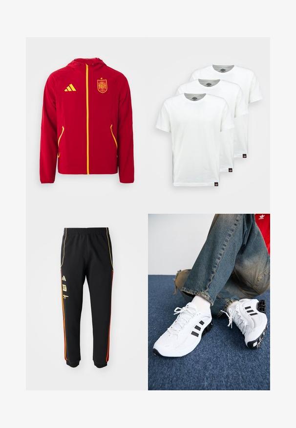 Red jacket with a hood, yellow accents, and zipper. Features a Spain crest on the chest and two side pockets. Smooth, lightweight material.; Three plain white cotton t-shirts with short sleeves. Each shirt features a round neckline and a small black logo tag on the left side.; Black athletic pants with elastic waist, gold and red side stripes, and yellow logos on the left thigh.; White mesh athletic shoes with black accents, featuring a textured design and distinctive sole, paired with blue denim jeans.