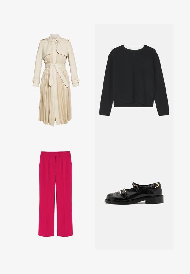 Cappotto trench beige con gonna plissettata, vita con cintura e colletto. Presenta spalline e polsini con bottoni. Tessuto dalla superficie liscia.; Felpa nera con maniche lunghe, scollatura a girocollo e orlo leggermente accorciato. Realizzata in un tessuto morbido, presenta un discreto dettaglio del logo sul davanti.; Pantaloni a gamba larga fucsia realizzati in tessuto liscio, con parte anteriore piatta, passanti per cintura e piccoli dettagli di pieghe lungo le gambe.; Scarpe in pelle nera con dettagli brogue, dotate di due cinturini con fibbia, punta arrotondata e tacco basso. Texture liscia con finitura lucida.