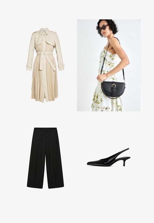 Beżowy trench z plisowaną spódnicą, z paskiem w talii i kołnierzem. Posiada naramienniki i zapięcie na guziki przy mankietach. Gładka faktura tkaniny.; Biała bluzka z asymetrycznym krojem na jedno ramię, z kwiatowym akcentem po jednej stronie i długim, związanym panele przy talii. Gładka faktura.; Czarne, szerokie spodnie z miękkiego materiału, z wysokim stanem i plisami, o gładkiej fakturze i bez widocznych ozdób.; Czarne buty slingback z czubkiem w kształcie spiczastym, wykonane z błyszczącej skóry, z cienkim, niskim obcasem. Posiadają wycięcie po bokach dla lepszej wentylacji.; Czarna skórzana torebka o zakrzywionym kształcie, z odpinanym paskiem i złotymi akcentami. Torebka posiada klapę z zapięciem w kształcie klamry.