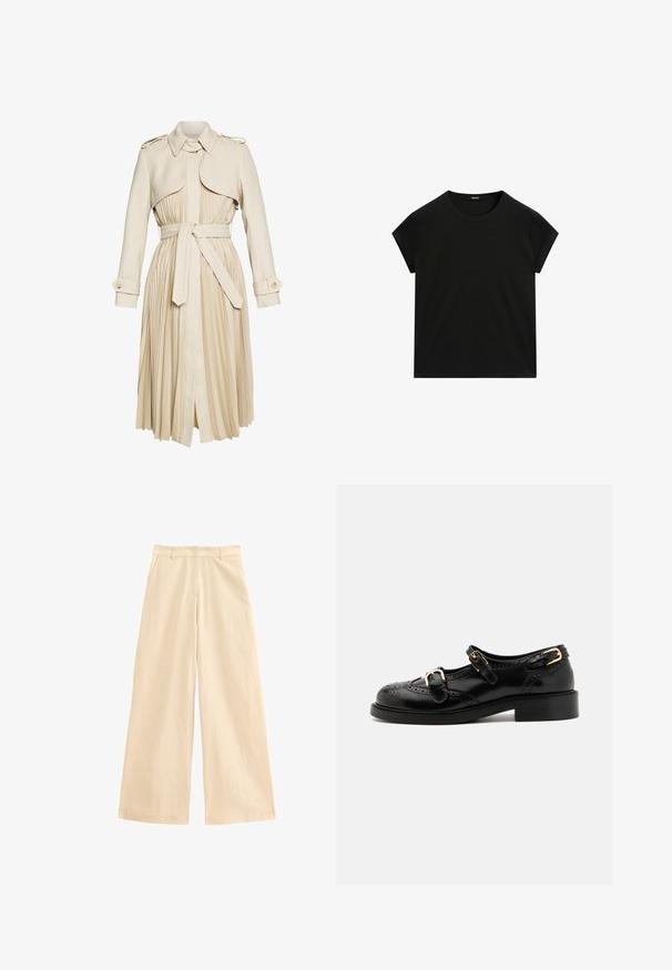 Beige trenchcoat med plisserad kjol, bälte i midjan och krage. Har axelklaffar och knäppta ärmslut. Slät tygtextur.; Svart kortärmad t-shirt med rund halsringning och rak fåll, visad liggande på en vit bakgrund.; Beiga vida byxor gjorda av lättviktigt tyg. Har hög midja, dragkedjestängning och framfickor. Slät textur med subtil lyster.; Svarta läderskor med broguedetaljer, utrustade med två spännen, rund tå och låg klack. Slät textur med glänsande finish.