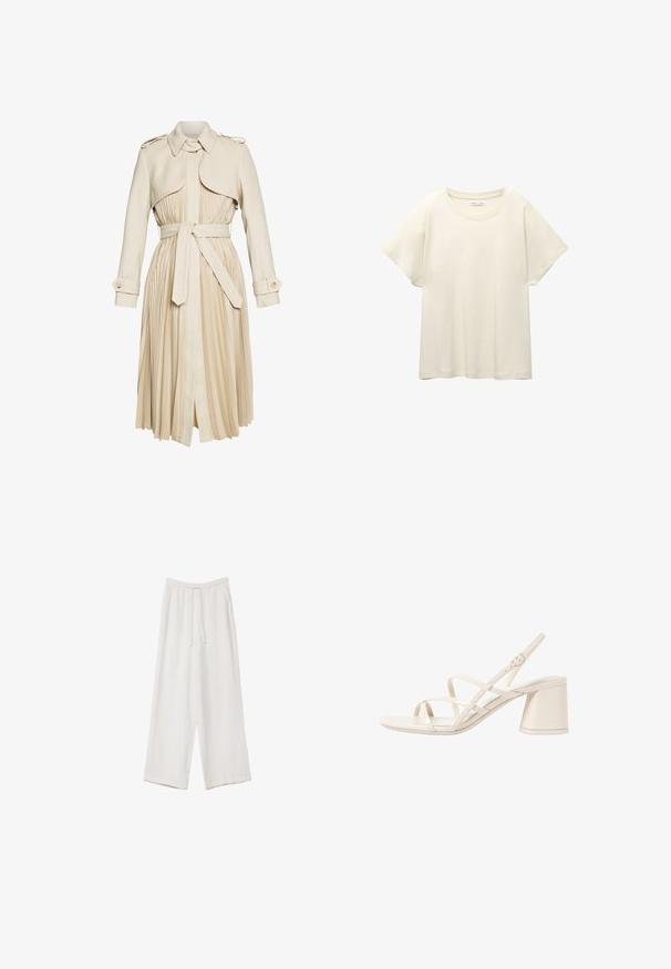 Beige trensš coat, jossa on liesituuletin hame, vyötärön vyö ja kaulus. Ominaisuuksiin kuuluvat hartiaepauletit ja napitettu hihansuu. Sujuva kankaan rakenne.; Vaaleanbeige lyhythihainen t-paita, jossa on pyöreä kaula-aukko, valmistettu pehmeästä ja sileästä kankaasta. Ominaisuuksina rento mitta ja suora helma.; Valkoiset leveälahkeiset housut kevyestä kankaasta. Ominaisuuksiin kuuluu elastinen vyötärö, jossa on nauhakuuluma ja sivutaskut. Sileä rakenne.; Beige sandaalit korkokengät, joissa on kapeat, ristiin menevät hihnat, avoin varvas ja neliömäinen tukikorko. Liukas lakattu pinta, säädettävä nilkkahihna.