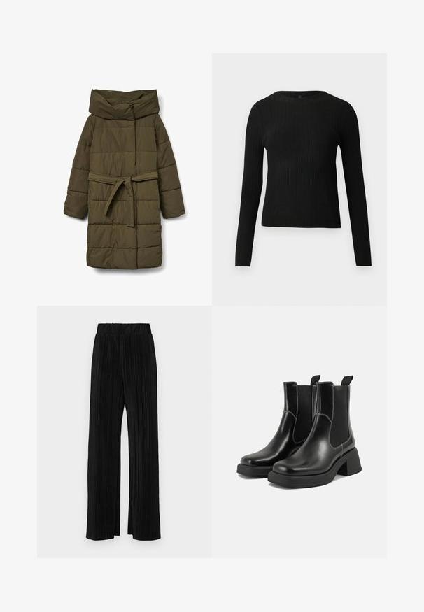 Grüne Steppjacke mit hohem Kragen, Taillengürtel und gesteppter Optik. Verfügt über eine glatte Textur und lange Ärmel.; Schwarzer, gerippter, langärmliger, taillierter Pullover mit Rundhalskragen, vor einem schlichten, hellen Hintergrund präsentiert.; Schwarze plissierte Hose mit elastischem Bund. Verfügt über weite Hosenbeine und einen glatten, strukturierten Stoff mit vertikalen Streifen.; Schwarze Leder Chelsea-Stiefel mit einem klobigen Absatz, elastischen seitlichen Einsätzen und kontrastierendem weißen Nähten. Strukturierte Oberfläche.