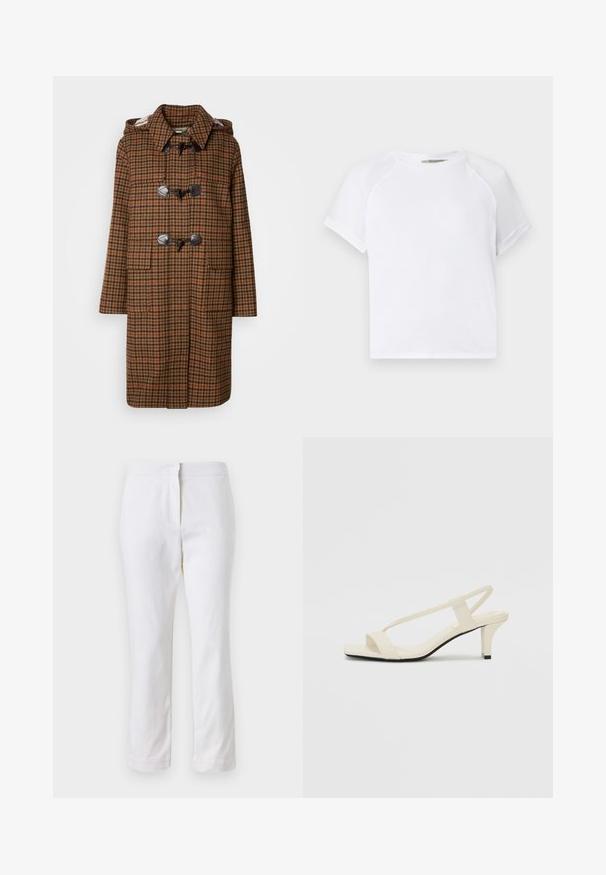Cămașă duffle maro cu carouri, având glugă, cu închideri tip toggle și două buzunare frontale. Fabricată dintr-un material texturat cu un model în carouri.; Tricou alb din bumbac, cu guler rotund, mâneci raglan scurte și o croială lejeră. Textură netedă, fără modele sau accente vizibile.; Pantaloni din bumbac alb, cu un design drept, având talie medie și fără hardware sau modele vizibile. Textură uniformă pe întreaga suprafață.; Sandale bej cu toc bloc, cu bretele subțiri și vârf pătrat. Material neted cu detalii minime, concepute pentru a fi ușor de purtat.
