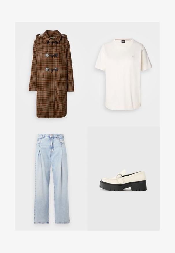 Cămașă duffle maro cu carouri, având glugă, cu închideri tip toggle și două buzunare frontale. Fabricată dintr-un material texturat cu un model în carouri.; Tricou alb din bumbac, cu mâneci scurte, decolteu rotund și un logo mic pe piept. Textură netedă și tiv drept.; Jeans din denim albastru deschis cu talie înaltă, croială evazată, două buzunare laterale și un design pliat. Textură moale cu un finisaj decolorat.; Lofer alb din piele, cu o talpă platformă masivă neagră, având o cataramă rectangulară din argint și detalii vizibile de cusătură pe partea superioară.