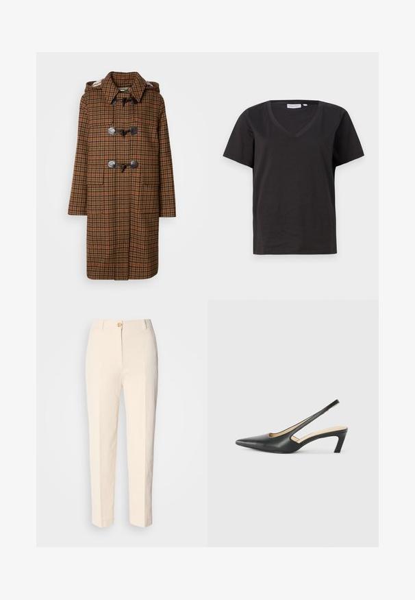 Barna kockás bundazsák kapucnival, amelynek tölcsérkapcsolói és két elülső zsebe van. Texturált anyagból készült, kockás Mintával.; Fekete pamut póló V-nyakkal és rövid ujjakkal. Egyszerű dizájn, normál fazon, minta vagy díszítés nélkül.; Krém színű, magas derekú nadrág, textúrált anyagból készült. Elülső gombos záródással és keskeny lábakkal rendelkezik.; Fekete, hegyes orrú, slingback cipő alacsony sarkával, sima bőrből készült, oldalt kivágott deisgnal a légáteresztőképesség érdekében.