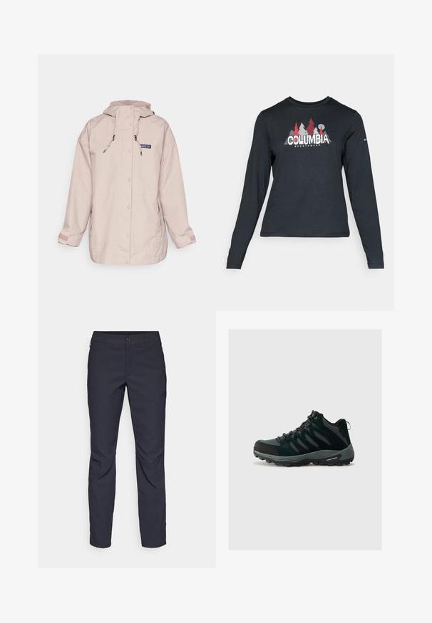 Patagonia OUTDOOR EVERYDAY RAIN JACKET - Jachetă impermeabilă - stingray mauve; Cămașă cu mâneci lungi de culoare gri închis, cu un grafic de copaci roșii și munți; logo-ul "COLUMBIA" în text alb îngroșat. Material moale, guler standard de tip crew.; Pantaloni bleumarin dintr-un material neted, cu închidere frontală cu buton, croială slim-fit și detalii pliate la genunchi.; Columbia REDMOND - Pantofi drumeție - black/citron haze