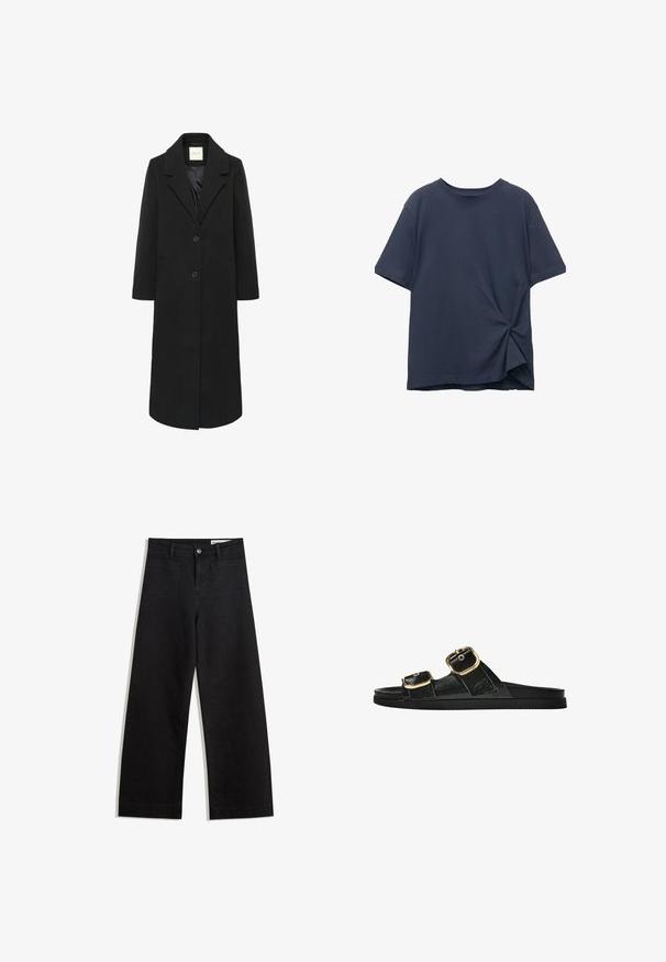 Fekete, hosszú gyapjú kabát, hegyes hajtókákkal, két gombbal, oldalsó zsebekkel és sima béléssel.; Tengerészkék, rövid ujjú pamut póló; oldalán csavart csomó részlettel, kerek nyakkivágással és laza szabással.; Fekete, bő szabású farmernadrág magas derékkal, elülső és hátsó zsebekkel, varrott felületekkel és gombos záródással. Sima textúra.; Fekete csúszó szandál, két arany csattal, sima textúrájú anyagból, lapos talppal és minimalista dizájnnal.