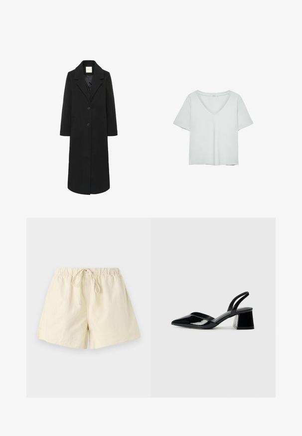 Schwarzer langer Wollmantel mit Reverskragen, zwei Knöpfen, seitlichen Taschen und einem glatten Innenfutter.; Hellgraues T-Shirt mit kurzen Ärmeln und V-Ausschnitt, aus weichem Material gefertigt; verfügt über eine lockere Passform und saubere Nähte ohne Muster.; Beige Shorts mit elastischem Bund und Kordelzug, entspannter Schnitt und glatter Textur. Keine sichtbaren Taschen oder Muster.; Schwarze Lackleder-Slingback-High Heels mit spitzem Schuh und einem geometrischen Blockabsatz. Verfügt über ein schlankes, minimalistisches Design und eine glatte Textur.