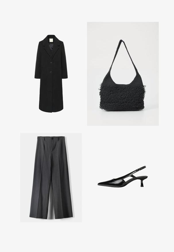 Černý dlouhý vlněný kabát s klopami, dvěma knoflíky, bočními kapsami a hladkým vnitřním podšíváním.; Bílý tričko s krátkým rukávem, se volným střihem a nařasenou texturou v pase. Vyrobeno z měkkého, lehkého materiálu.; Kalhoty s širokými nohavicemi vyrobené z tmavě šedé látky, s knoflíkovým zapínáním, předními sklady a poutky na pásek. Hladká textura s přizpůsobeným střihem.; Černé lakované lodičky na podpatku se špičatou špičkou, výřezovým designem na boku a malým čtvercovým podpatkem. Hladká textura s minimálními akcenty.; Černá háčkovaná kabelka s texturovaným vlnitým designem, obsahující jeden zapletený popruh. Vyrobena z měkkého, flexibilního materiálu. Obdélníkový tvar.