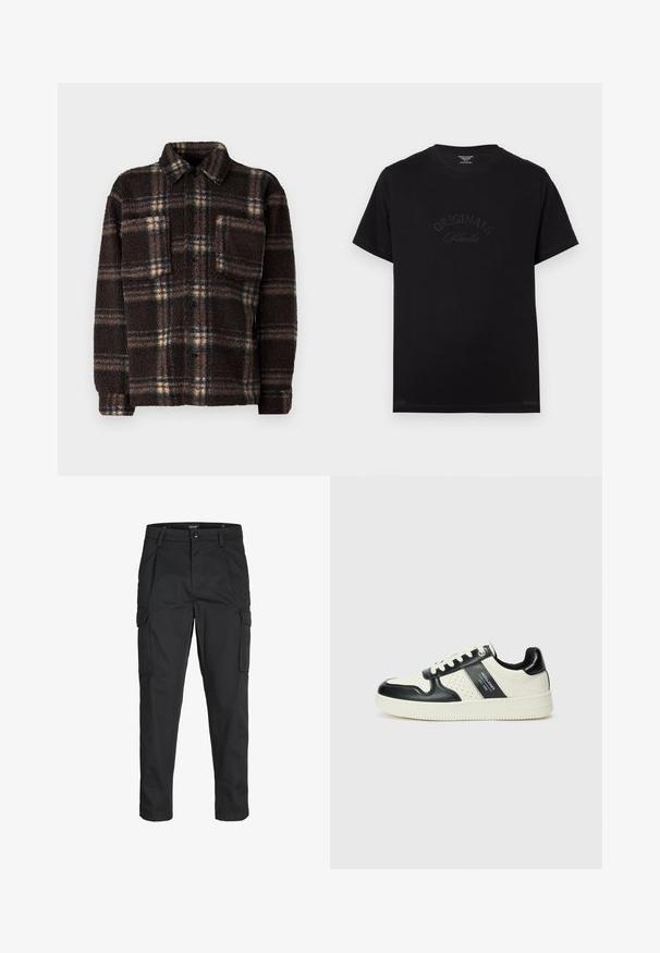 Braun kariertes Fleece-Hemdjackett mit durchgehender Knopfleiste, Umlegekragen und einer Brusttasche; aus strukturiertem, kuscheligem Material.; Schwarzes Baumwoll-T-Shirt mit kurzen Ärmeln und rundem Halsausschnitt. Auf der Vorderseite befindet sich der Schriftzug "ORIGINALS Studio" in eingeprägten, tonalen Buchstaben.; Schwarze Cargo-Hose aus robustem Material, mit mehreren Taschen, einem Knopfverschluss und einem Slim-Fit-Design mit schmal zulaufenden Beinen.; Leder-Sneaker in Schwarz- und Cremetönen, mit perforierten Akzenten, einem gepolsterten Kragen und einer strukturierten Laufsohle.