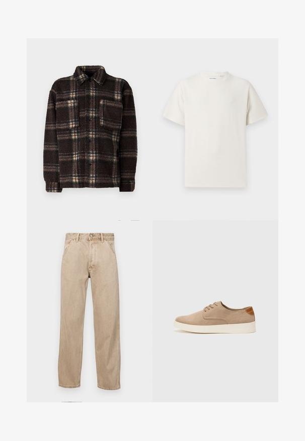 Brązowa koszula-fleecowa w krate z zapięciem na guziki z przodu, kołnierzem typu spread i jedną kieszenią na piersi; cechuje ją teksturowany, puszysty materiał.; Biała krótka koszulka z krótkim rękawem o żebrowanej fakturze. Okrągły dekolt, luźny krój, brak widocznych wzorów lub akcentów. Prosty i uniwersalny design.; Beżowe dżinsy o prostym kroju, z przednimi kieszeniami, metalowym zapięciem na guzik i delikatną teksturą.; Beżowe zamszowe sneakersy z okrągłym noskiem, sznurowanym przodem i teksturowanym akcentem na tyle. Biała gumowa podeszwa tworzy kontrast. Prosty i nowoczesny design.