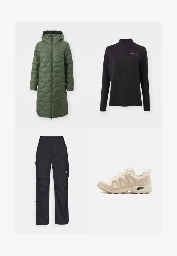 Peak Performance HELIUM COAT - Dunfrakker - pine needle; Sort langærmet pullover lavet af struktureret materiale, med en halv lynlås, høj krave og en lynlås lomme på brystet. Brandlogo på fronten.; Hvid cropped t-shirt lavet af bomuld med rund halsudskæring og korte ærmer. Har et sort logo på venstre bryst.; Sorte nylon cargo bukser med lynlås, justerbare manchetter, flere lommer og et logo på højre ben. Glat, let tekstur.; Beige og creme atletiksko med struktureret mesh-overdel, støttende overlays og gummiyderside med et mønster for trækkraft.