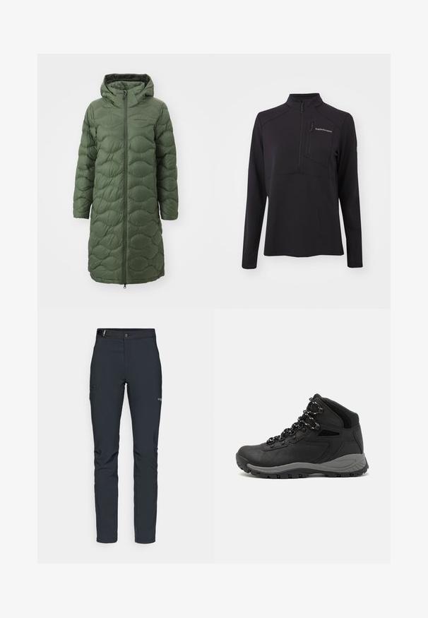 Peak Performance HELIUM COAT - Untuvatakki - pine needle; Mustat pitkät hihat pulloveri, joka on valmistettu teksturoidusta materiaalista. Mallissa on puolikuvioinen vetoketju, korkea kaulus ja vetoketjullinen rintatasku. Brändin logo edessä.; Miestne vonkajšie nohavice, tmavo šedé, vyrobené z flexibilného materiálu, s opaskom, zipsovými vreckami a zosilneným šitím.; Musta vaelluskenkä, jossa on puolivartinen muotoilu, jolle on ominaista teksturoitu päällinen, harmaat yksityiskohdat ja kestävä kumipohja, jossa on pitoita lisääviä lukuja.