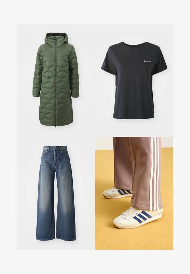 Peak Performance HELIUM COAT - Donsjas - pine needle; Zwarte katoenen t-shirt met korte mouwen, ronde halslijn en een klein wit Columbia Sportswear-logo op de linkerkant van de borst.; Blauwe high-waisted wide-leg jeans met een sluiting aan de voorkant en zakken, vervaagde textuur op de bovenbenen en een rechte zoom.; Creatieve sneakers met blauwe suède strepen, witte veters en een rubberen zool. Gecombineerd met grijze trainingsbroeken met witte zijkanten.