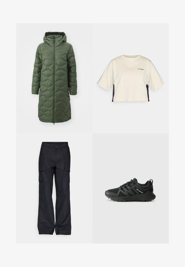 Peak Performance HELIUM COAT - Puhovka – plašč - pine needle; Kremna pokrajna majica kratkih rukava s okruglim izrezom i crnim bočnim panelima; sadrži mali crni logo na prsima.; Columbia BREA FALLS™ COTTON RIPSTOP PANT - Hlače za na prostem - black; Columbia PEAKFREAK - Pohodniški čevlji - black