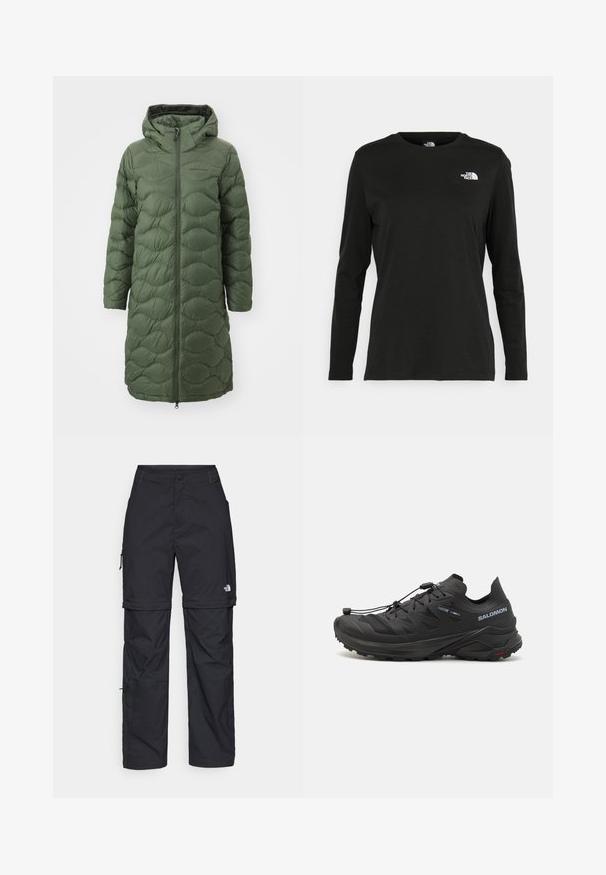 Peak Performance HELIUM COAT - Abrigo de plumas - pine needle; Camiseta de manga larga negra de algodón con cuello redondo. Presenta un pequeño logotipo blanco en la parte izquierda del pecho. Diseño y ajuste simples.; Pantalones cargo de nailon negro con cremallera desmontable, puños ajustables, múltiples bolsillos y un logotipo en la pierna derecha. Textura suave y ligera.; Zapatillas de trail running negras con un upper texturizado, paneles de malla y un sistema de cierre seguro. Cuenta con una suela robusta para mayor tracción.