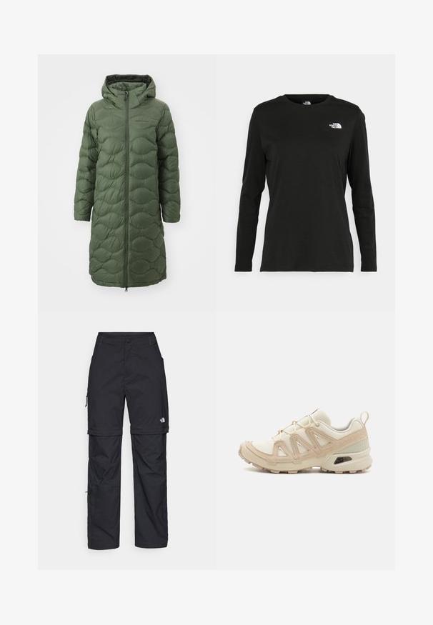 Peak Performance HELIUM COAT - Manteau en duvet - pine needle; T-shirt noir à manches longues en coton avec un col rond. Présente un petit logo blanc sur la partie gauche de la poitrine. Design et coupe simples.; Pantalons cargo en nylon noir, à zip amovible, avec chevilles ajustables, plusieurs poches et un logo sur la jambe droite. Texture lisse et légère.; Baskets de sport beiges et crème avec une tige en mesh texturé, des superpositions de soutien et une semelle en caoutchouc dotée d'un motif de crampons pour une traction.