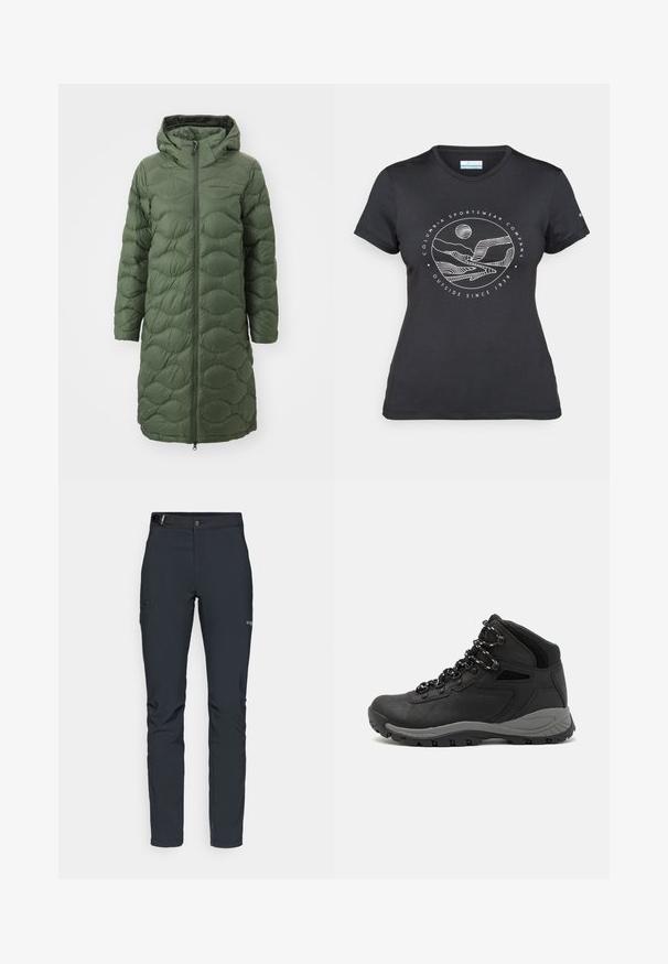 Peak Performance HELIUM COAT - Tollkabát - pine needle; Fekete Columbia póló fehér, kör alakú hegy és folyó vonalrajzzal, valamint a "Columbia Sportswear Company Outside Since 1938" felirattal.; Férfi kültéri nadrág, sötétszürke, rugalmas anyagból készült, övvel, cipzáros zsebekkel és megerősített varratokkal.; Fekete túracipő közepes magasságú kialakítással, texturált felsőrésszel, szürke részletekkel és strapabíró gumitalppal, amelynek tapadós kiemelkedései vannak.