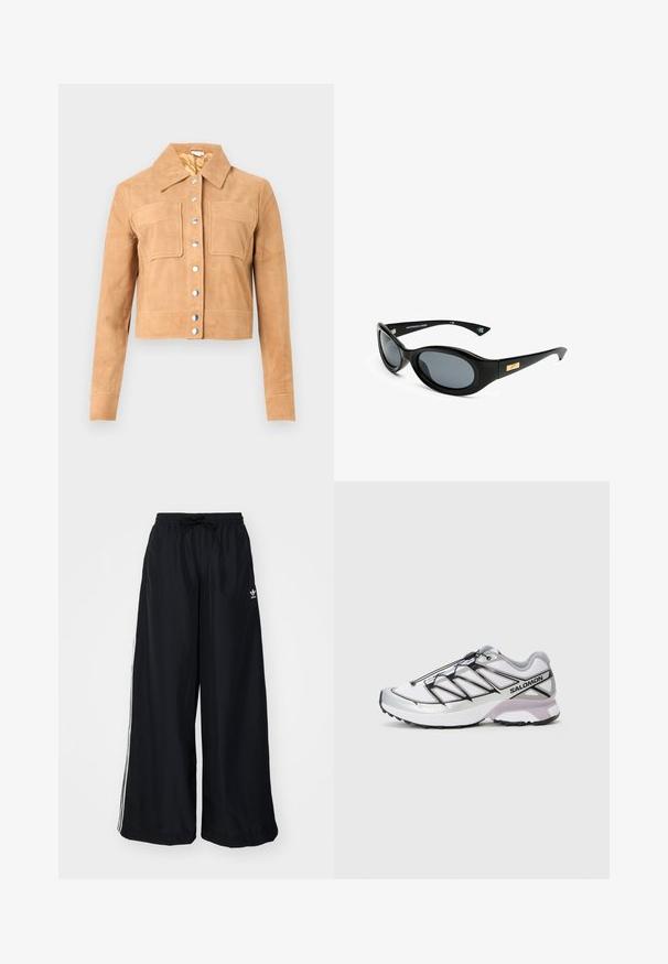 Kratki sako od smešnog suede materijala s dugim rukavima, dva prednja džepa s preklopom, srebrnim dugmadima na pritisak i oštrim kragnom na bijeloj pozadini.; Bijela majica kratkih rukava izrađena od mekanog materijala. Ima okrugli izrez i jednostavan, čist dizajn s ravnim rubom.; Crne široke hlače od lagane tkanine. Imaju elastičnu struk i vezicu, a s donje strane su ukrašene bijelim trakama. Logo branda se nalazi na kukovima.; Trkaća cipela s laganom bijelom mrežicom, srebrnim naglascima i crnim vezicama; ima teksturiranu potplatu za prianjanje.; Crne sunčane naočale s ovalnim staklima, mat okvirom i zlatnim akcentom na ušicama. Tamnosiva stakla pružaju UV zaštitu.; Crna kožna torbica preko tijela s patentnim zatvaračem, ugraviranim logotipom sprijeda i podesivim remenom. Glatka tekstura s pravokutnim oblikom.