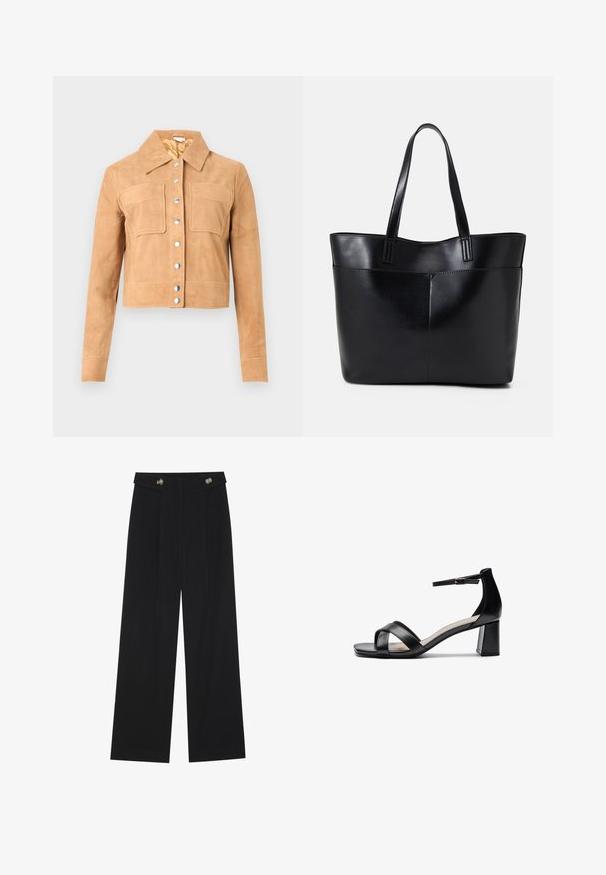 Lys beige semsketjakke med korte ermer, to frontlommer med klaff, sølvfargede trykknapper og spiss krage på hvit bakgrunn.; Svart ribbet tanktopp med firkantet utringning og smale, justerbare stropper. Stoffet har et teksturert mønster og en tettsittende design.; Svart vide bukser med høy midje, knappdetaljer på midjebåndet og frontplisser.; Sorte åpen tå hælsandal med kryssede stropper, justerbar ankelstropp og kraftig hæl, med en jevn lærtekstur.; Svart lær toteveske med to lange håndtak, en glatt tekstur og en strukturert form. Har en frontlomme for ekstra oppbevaring.
