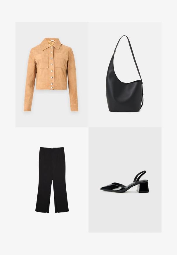 Tan zamšasta skrajšana jakna z dolgimi rokavi, dvema sprednjima žepoma s klapnico, srebrnimi pritiskači in koničastim ovratnikom na beli ozadju.; Črna majica brez rokavov iz bombaža, z okroglim izrezom in širokimi odprtinami za roke. Gladka tekstura s šivi na robovih. Klasičen, minimalističen dizajn.; Črne hlače ravnega kroja z naglavnimi žepi in stranskimi razporki na robu. Narejene iz mehke, gladke tkanine. Primerne za različne priložnosti.; Črne lakirane slingback pete s koničastim nosom in geometrijsko blokasto peto. Imajo eleganten, minimalističen dizajn in gladko teksturo.; Črna usnjena hobo torba z gladko teksturo, ukrivljeno obliko in eno nastavljivo naramnico; ima širok odprtina na vrhu.